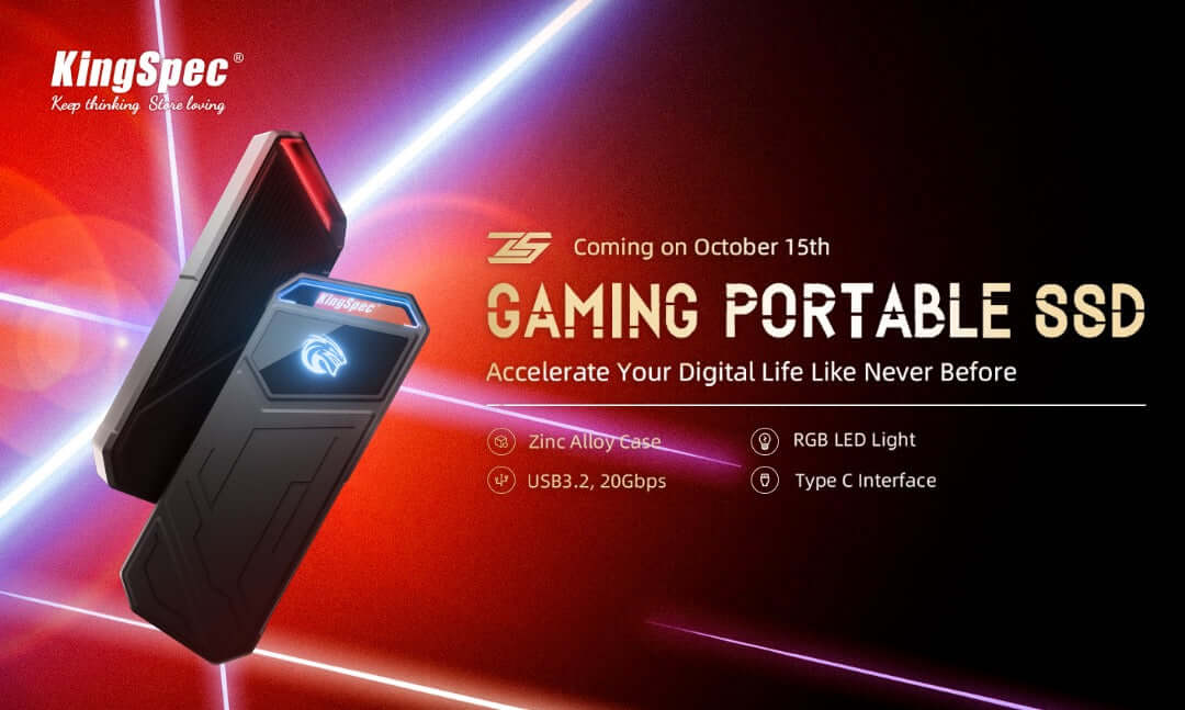 KingSpec gaming portable SSD showcasing USB 3.2, 20Gbps speed, zinc alloy design, and RGB LED light.