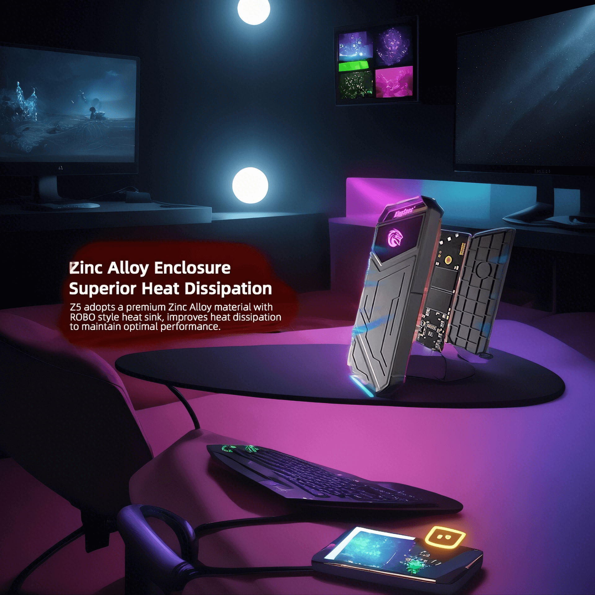 Zinc alloy external hard drive on a desk, showcasing superior heat dissipation in a gaming setup with colorful lighting.