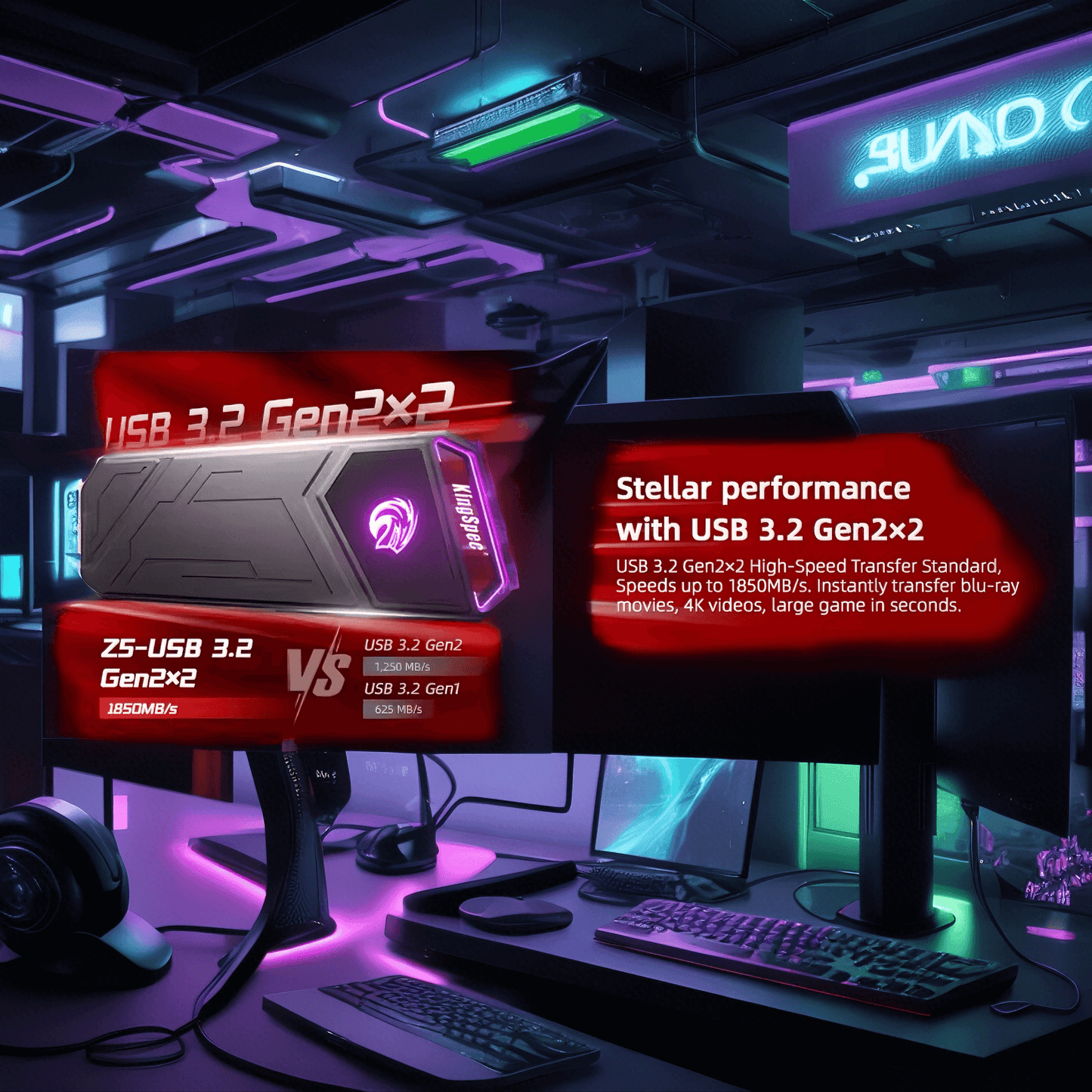 USB 3.2 Gen2x2 external hard drive comparison showcasing stellar speeds of 1850MB/s in a gaming setup.