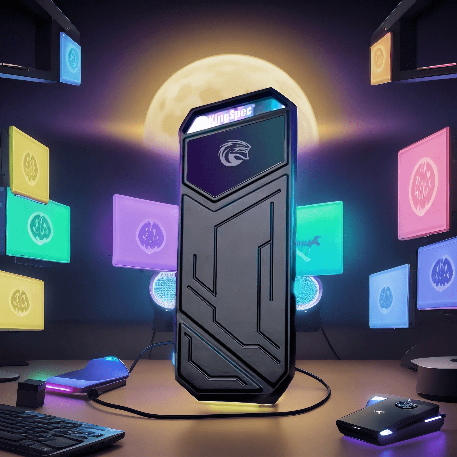 KingSpec 2TB external portable SSD hard drive surrounded by colorful gaming monitors and peripherals, designed for fast performance.