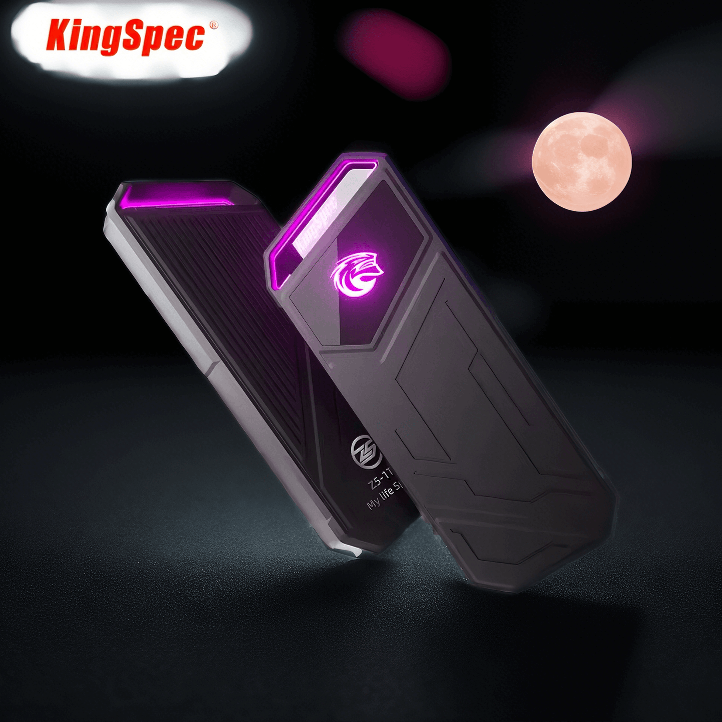 KingSpec 2TB portable external SSD with purple LED lights, designed for high-speed gaming with Thunderbolt 3.2 connection.