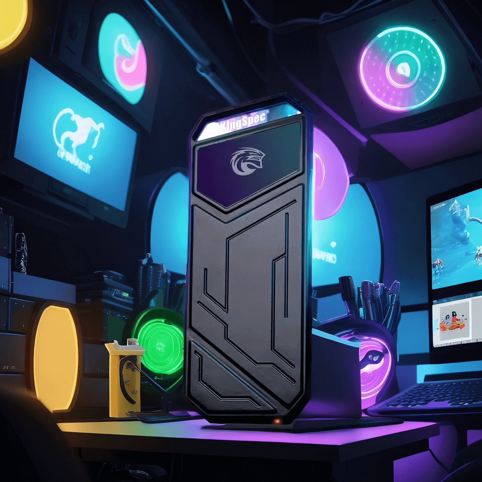 KingSpec 2TB Thunderbolt 4 portable SSD displayed in a gaming setup with vibrant LED lights.