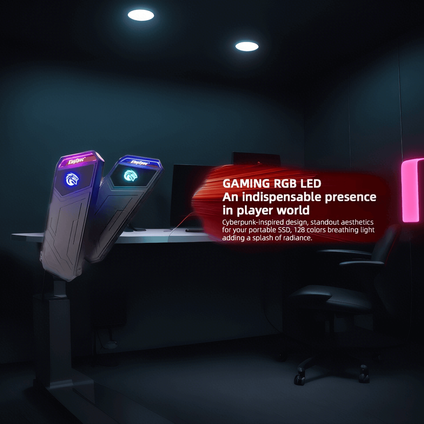 Gaming RGB LED portable SSD with Cyberpunk design and 128 colors, enhancing aesthetics for gamers in a stylish workspace setup.