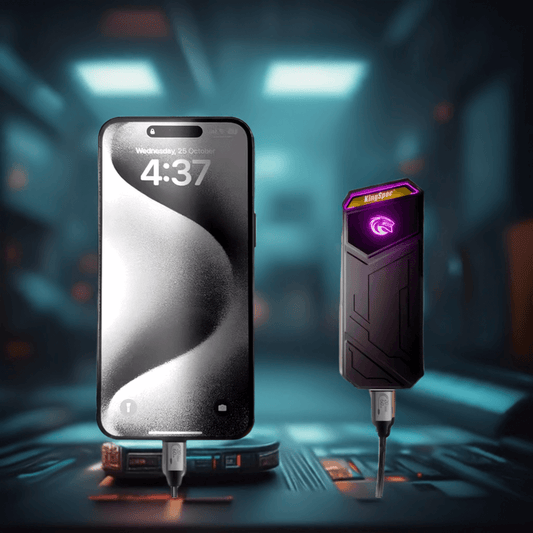 KingSpec Super Fast Portable SSD connected to a smartphone in a futuristic setting, showcasing data transfer capabilities.